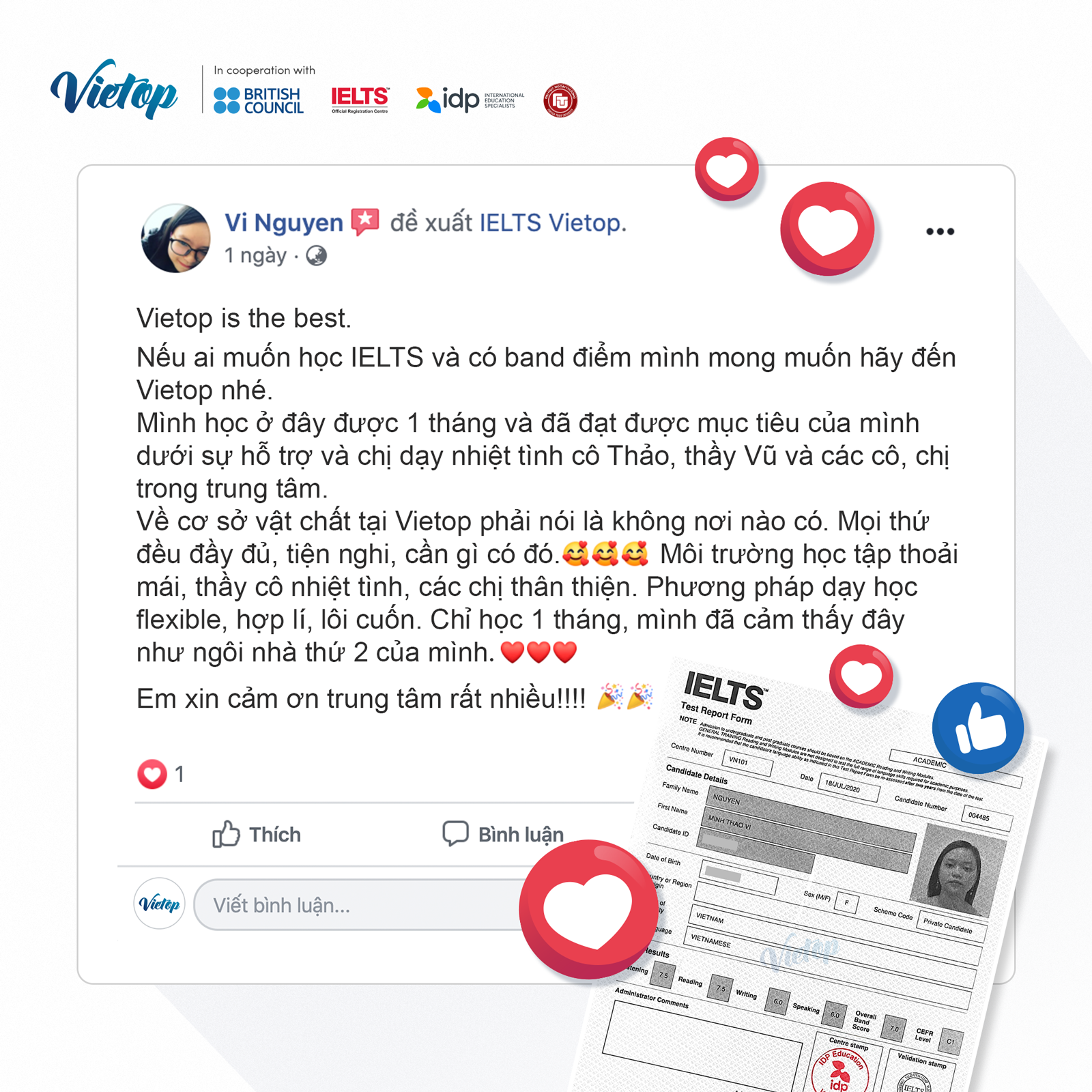 Review đánh giá trên Facebook từ học viên về trung tâm luyện thi IELTS Vietop 